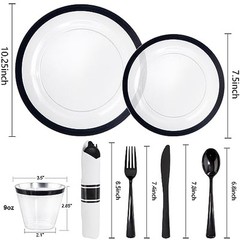 350 Pcs Clear and Black Plastic Plates,Black 350 Piece(50 Guests) Clear Black