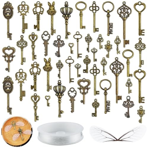 46 PCS Vintage Skeleton Keys Flying Keys Charms with 50 Pairs Dragonfly Wings