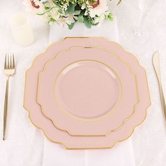 10 BLUSH 8″ Baroque PLASTIC DESSERT PLATES with Gold Rim Party Event Decorations