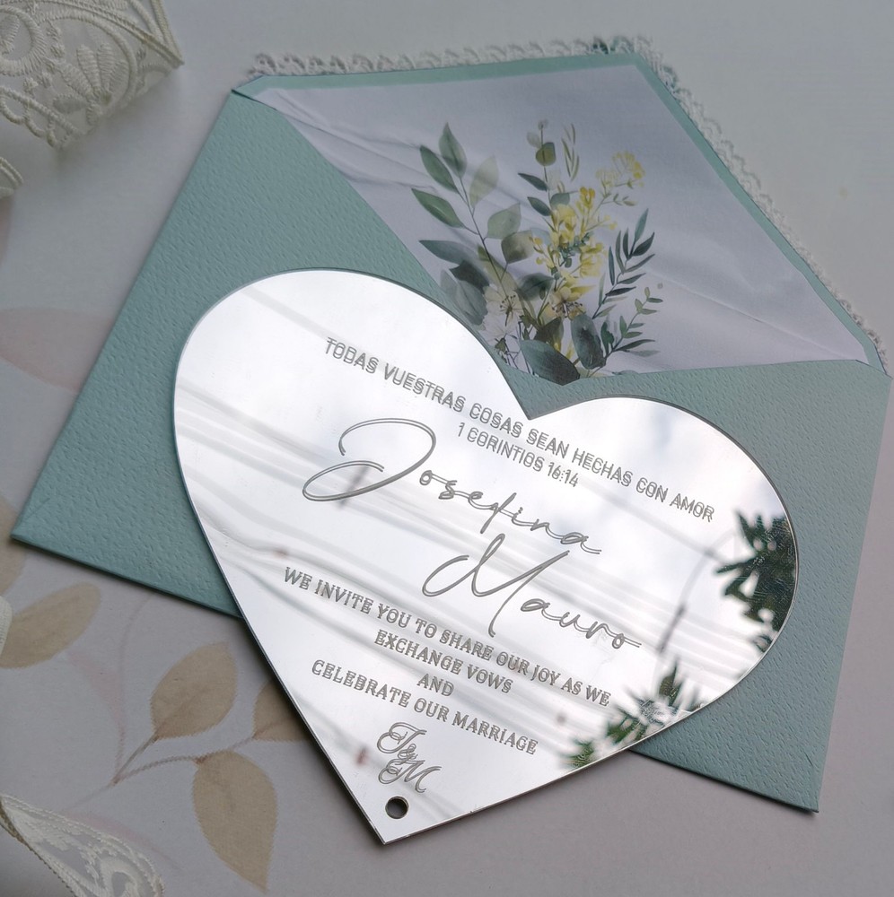 Silver Mirror Acrylic Customized Wedding Invitation with Pale Blue Lace Envelope