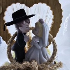 Roped with Love ~ Western Cake Topper Groom Black Cowboy Hat Bride in White READ