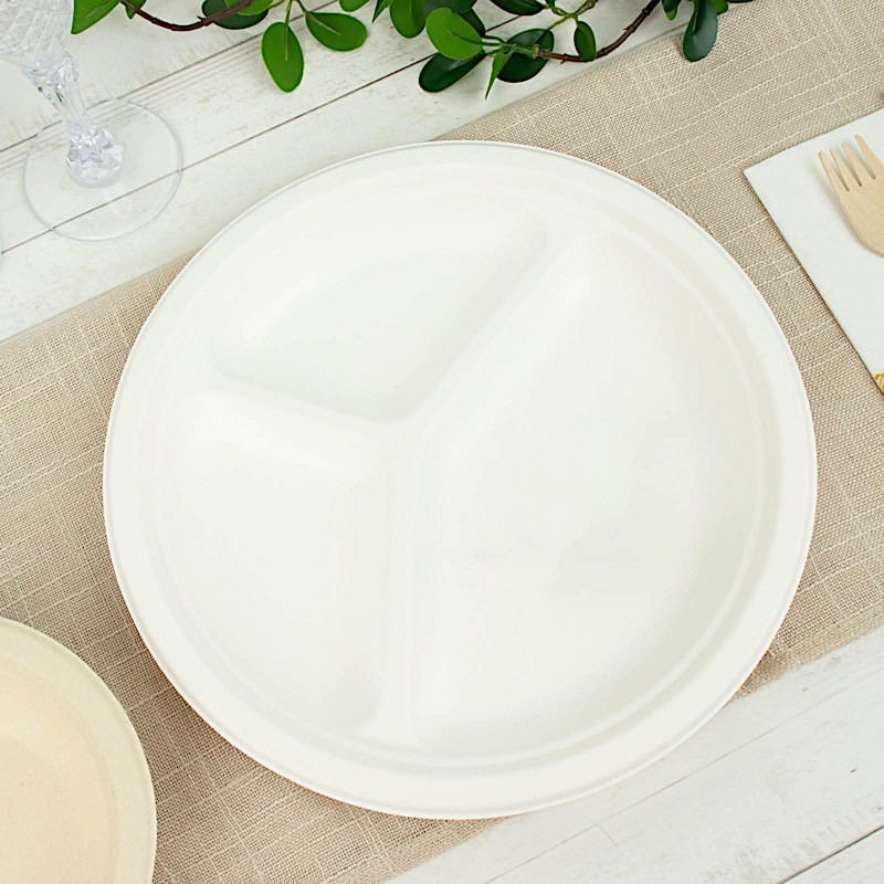 50 Round 10″ WHITE 3-Compartment Sustainable Bagasse DINNER PLATES Party Events