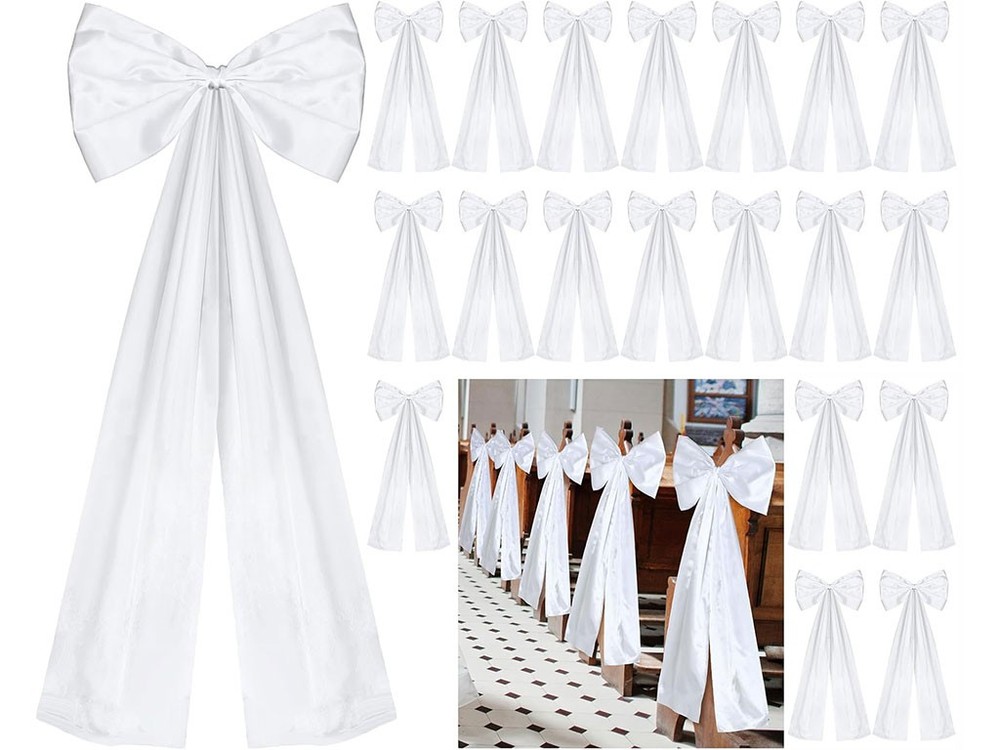 20 PCS 12X29″ SATIN WEDDING PEW BOWS LARGE AISLE CHAIRS CEREMONY DECOR WHITE