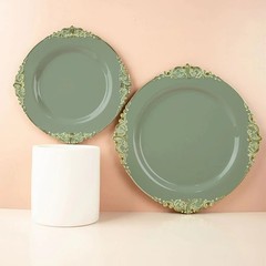 10 DUSTY SAGE GOLD 10″ Round Plastic Salad Dinner PLATES Embossed Baroque Rim