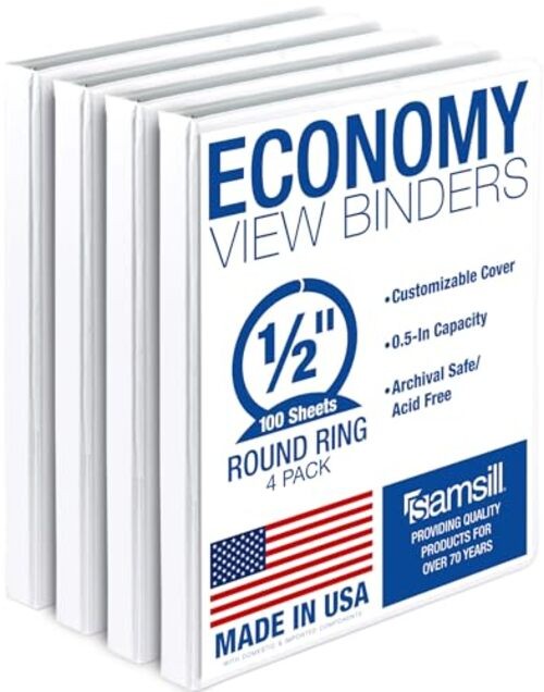 0.5 Inch 3 Ring Binder, Economy Round Ring, Clear View 4-Pack White 0.5-Inch