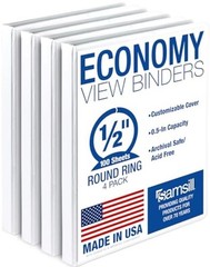 0.5 Inch 3 Ring Binder, Economy Round Ring, Clear View 4-Pack White 0.5-Inch