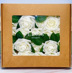 25 Ling’s Moment Artificial Foam Ivory Roses With Stems & Leaves NOB 25 Piece