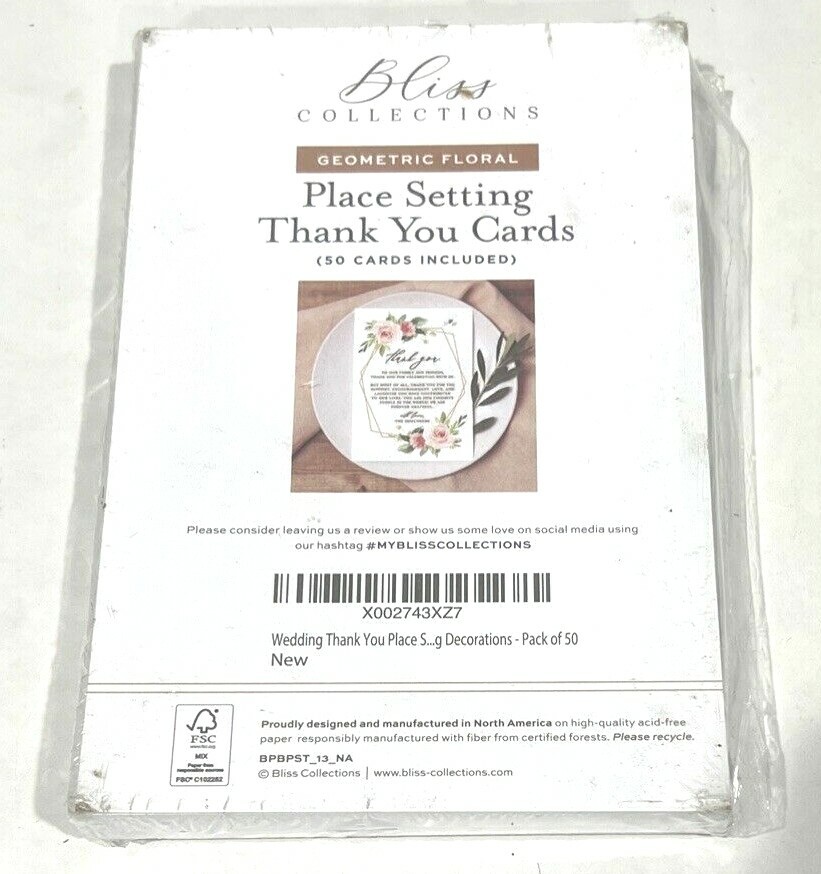 Bliss Collections Wedding Place Setting Thank You Card Geometric Floral 50 Cards