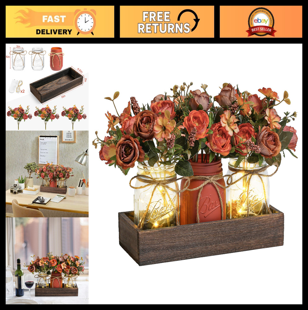 3 Pcs Mason Jar Centerpiece Decor with Wood Tray & LED Lights for Dining Room, K