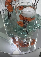 16 sets of 4 Clear Glass Candle Holder Cylinder Vases + Flowers + Glass Stones.