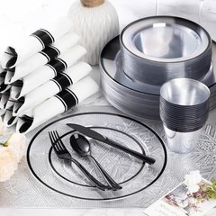 350 Piece Plastic Dinnerware Set for Party, Clear 350 Piece (50 guests) Black