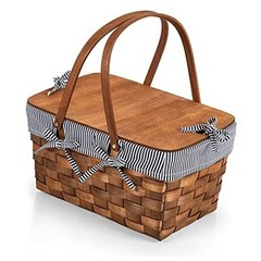 Kansas Handwoven Wood Picnic Basket Navy Blue & White Stripe
