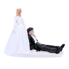 Funny Black and White Bride Dragging Groom Wedding Cake Topper Figurine