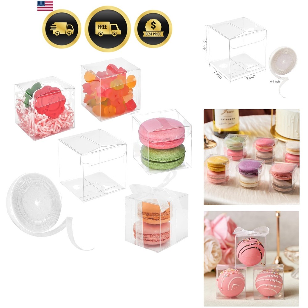 100 Pack 2x2x2 Inches Clear Favor Boxes with Ribbons, Mini Transparent Cube T…