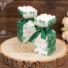 25 White Green Leaves Print Gift Favor Boxes with Satin Ribbon Party Supplies