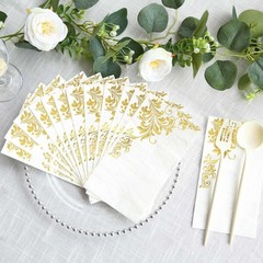 50 White Disposable Paper Napkins with Gold Baroque 16″, and
