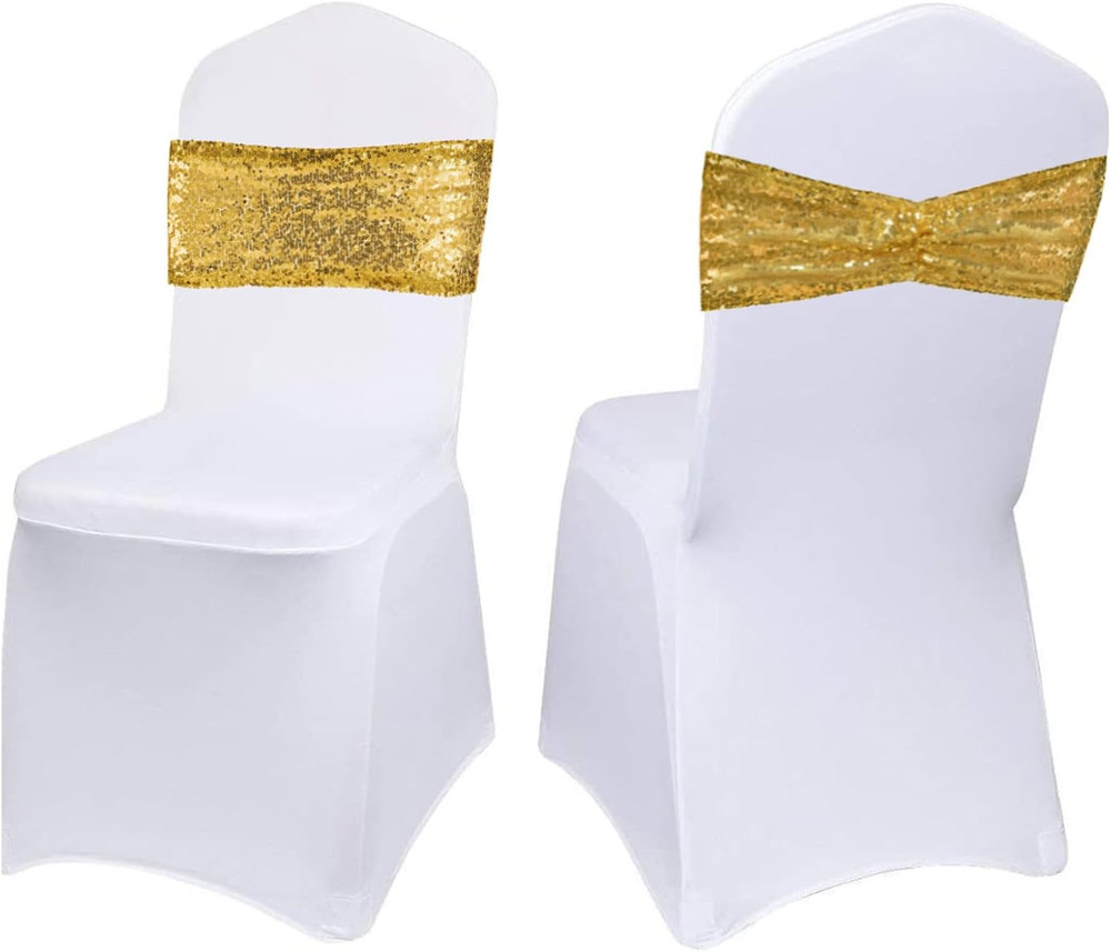 Set of 30 Chair Sashes Bows Gold Sequin Bands for Wedding Party Banquet Receptio