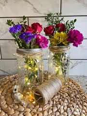 Lighted Mason Jar Vase with Fairy Lights, Rustic Floral Centerpiece