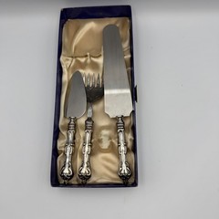 Vintage Ornate Silver Plated 3pc Cake Pie Serving Set Stainless Steel Blades Box