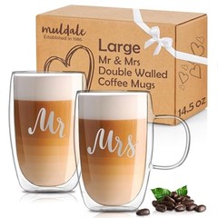 Mr and Mrs Coffee Mugs Set – 14.5 oz Double Walled Glasses – His and Hers