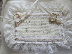 Hand Made Cross-Stitched Lacey Ring Bearer Pillow -Wedding -Cream Color