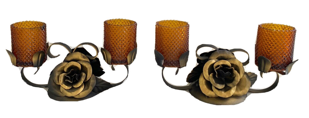 Pair 1970’s 2 Votive Candle Holders Amber Glass with Wrought Iron/Steel Roses