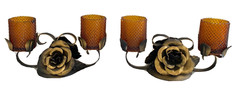 Pair 1970’s 2 Votive Candle Holders Amber Glass with Wrought Iron/Steel Roses