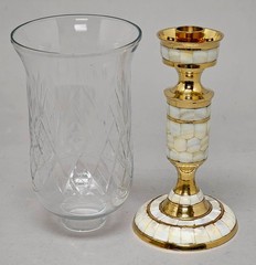Candle Holder Brass Mother of Pearl Inlay Glass Hurricane 4.5″Dia 13″High Set/2