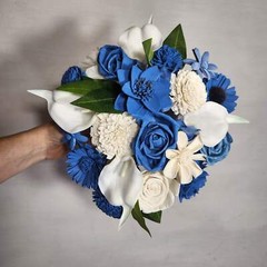 Dusty Blue Ivory Rose Calla Lily Sola Wood Bridal Wedding Bouquet Accessories