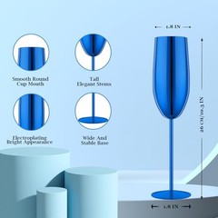 Stainless Steel Champagne Flutes Set of 2-Unbreakable Metal Long Stem Blue