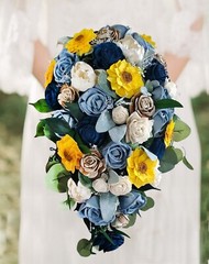 Sunflower Bridal Bouquet Dusty Blue Sola Wood Flower Navy Yellow Wedding Cascade
