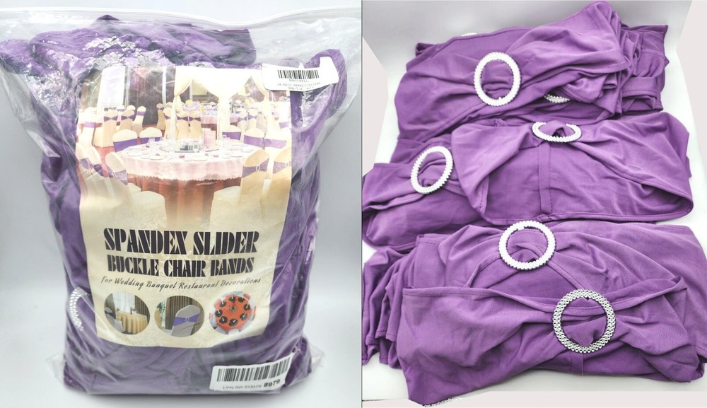 50 Spandex Slider Buckle Chair Bands Covers Silver Bling Wedding Party Purple