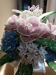 Beaded Flower Wedding Bridal Bouquet W/White Blue Purple Handmade Flowers