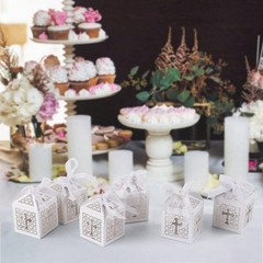 White 3 Laser Cut Cross Gift Boxes 5x5x7cm Wedding Favors Decor