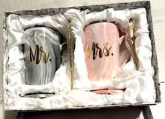 Mr&Mrs Ceramic Cup Set Marble design in Grey & Pink 3″ Tall Wedding/Anniversary