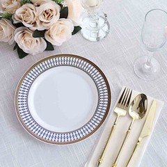 10 WHITE 9″ Round Plastic Salad PLATES NAVY BLUE Chord Rim Party Decorations