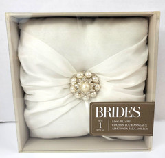 Brides Wedding Ring Bearer Pillow 7×7 White Faux Pearl Rhinestone Center Cluster
