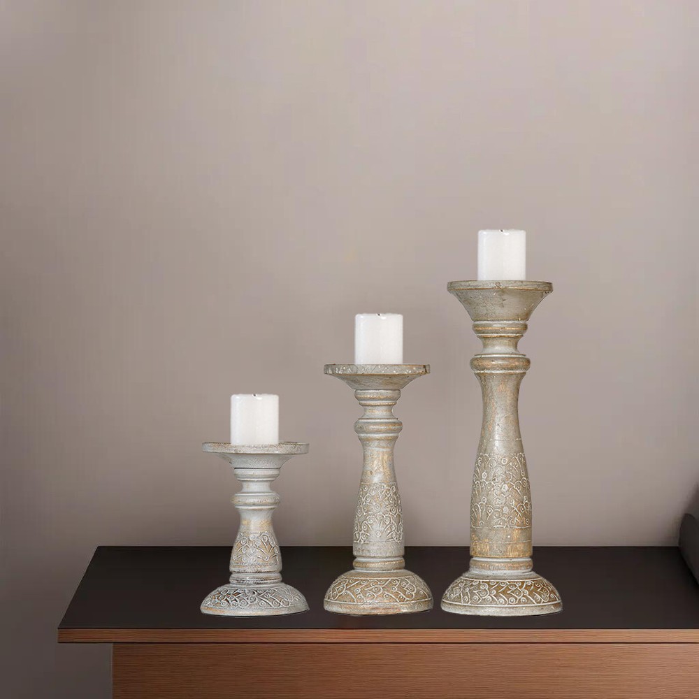 Handmade Eco-Friendly Gray Wash Wood Set Of Three Pillar Candle Holder BBH Homes