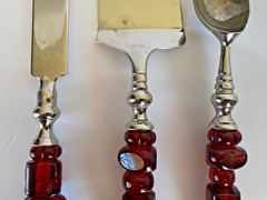 Wedding Cake Server Set & Ice Cream Scoop w/ Red Glass Bead Handles India VG