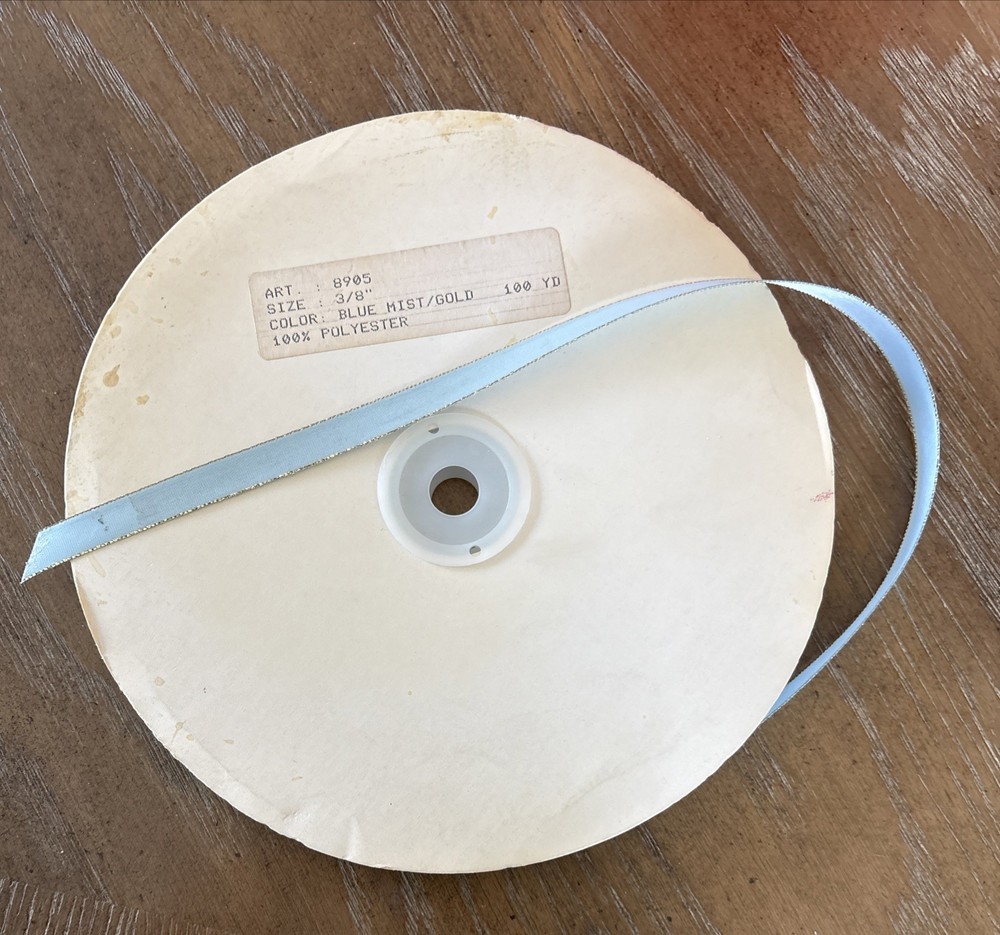 Vintage 3/8″ Ribbon Blue Mist Gold Edge Double Face 100% Polyester 100 Yards