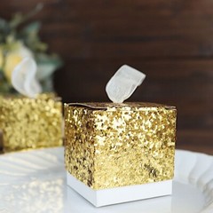 25 GOLD WHITE Sequin Glittered FAVOR BOXES Ribbon Mini Gift Holders Party Events