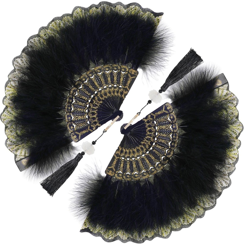 Namalu 2 Pieces Feather Hand Fan Embroidered Flower Marabou 1920s Black