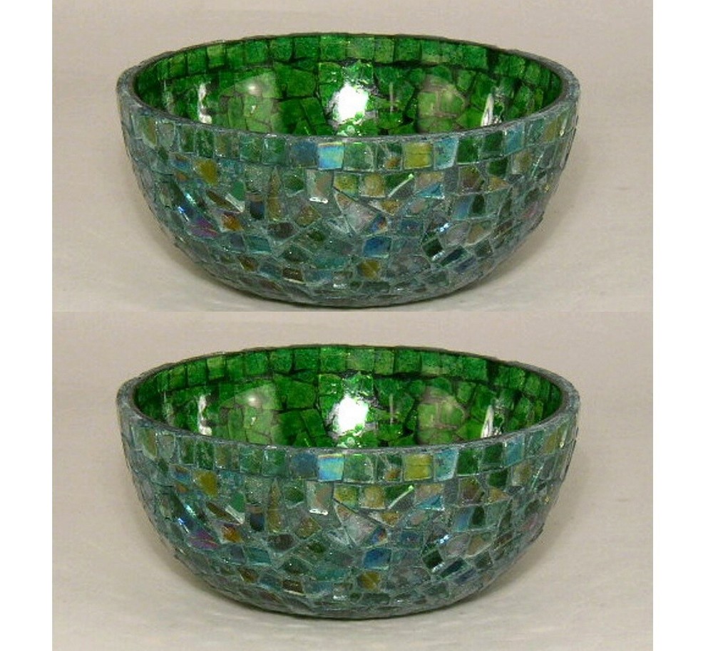 Compote Bowl Vase Green Mosaic on Glass Centerpiece 6″D 2.5″H Set/2 FREE SHIPING