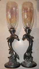 Dolphin Heart Wedding Toasting Glasses Champagne Flute Set Opal Glass pewter HTF