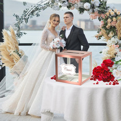 Rose Gold Clear Window Cards Box, Cards Receiving Box for Birthday, Wedding, Bri
