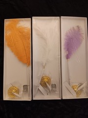 3 New Ballpoint Ostrich Feather Pen Plume Purple Orange White Gold Stand Wedding