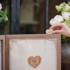 Antique White & Brown Guest Book Frame for Weddings – 80 Wooden Hearts Inside