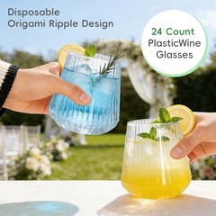 24 Count Plastic Wine Glasses Disposable 14oz – Elegant Origami 24PCS Clear