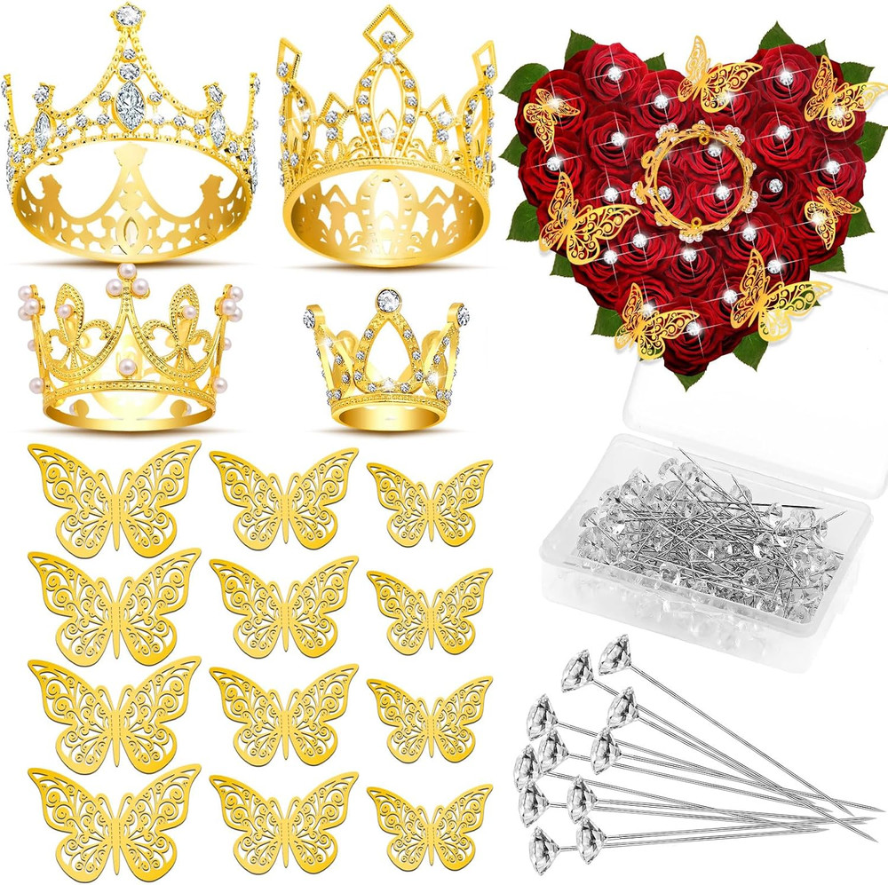 Cridoz Gold Crowns for Flower Bouquets, Flower Bouquet Accessories Including 4 P