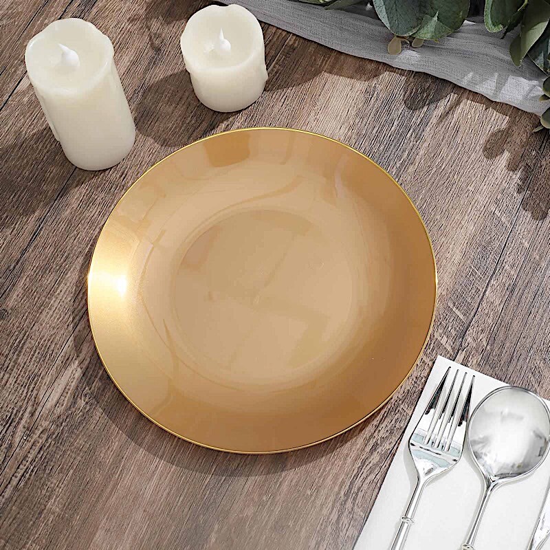 GOLD 10 Glossy 8″ Round Plastic Salad PLATES Gold Rim Party Events Decorations